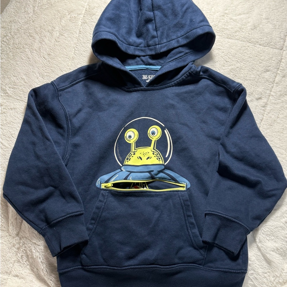365Kids Navy Blue Kids Hoodie with Alien Design & Awesome Zippered Pocket Sz 8